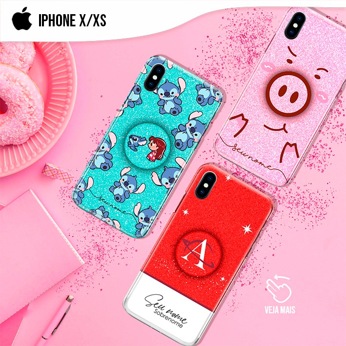 Capa Capinha Com Glitter e Popsocket - iPhone X/XS