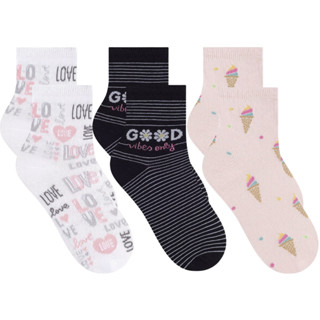 Kit 3 Meias Femininas Cano Médio Estampas Selene