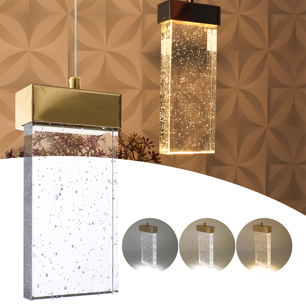 Pendente Cristal Led 3 Cores Bolhas Retangular PD08 em Oferta na Shopee