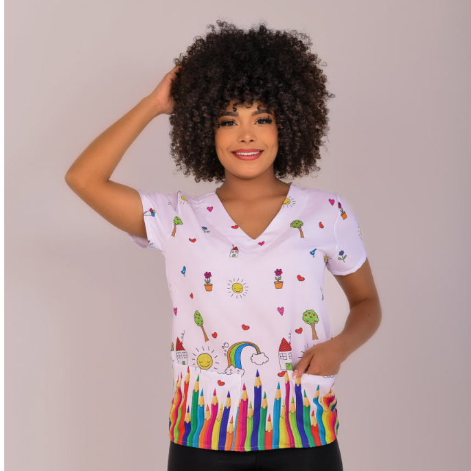 Blusa Bata Scrubs Feminina Baby Look Educação Branca