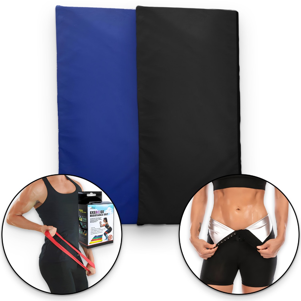 1 Um Colchonete Impermeável Espuma D-23 90x40x3cm Azul Ou Preto para Academia Escola Ginástica + 5 Cinco Fitas Faixa Elásticas Mini Band para Treinos + Bermuda Cinta Modeladora Sauna com Forro Térmico