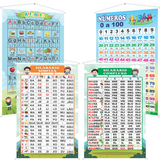 Kit 4 Banner Pedagógicos Silabário Simples Complexo Alfabeto 4 tipos de letras e Números de 0 a 100 Escolar Didático
