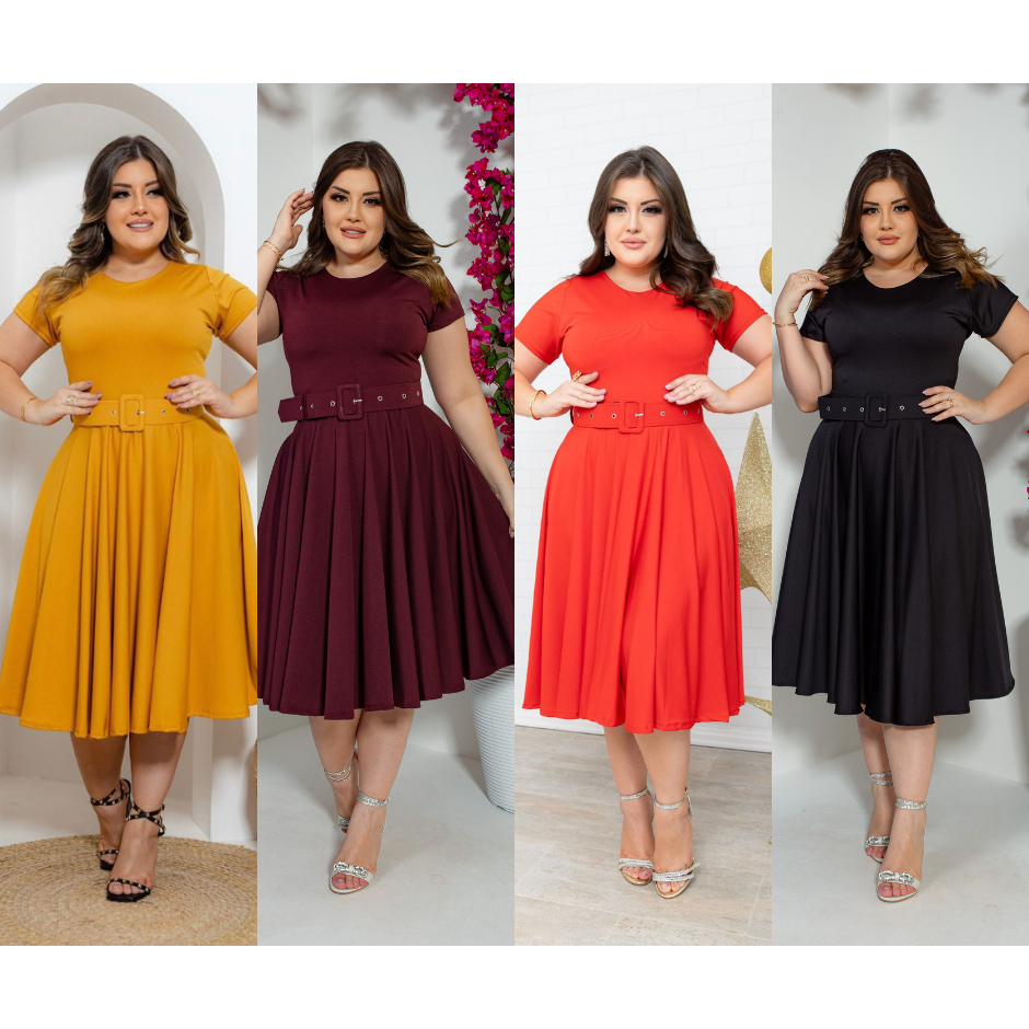 Vestido Midi Godê 360º- Cores Lisas - Acompanha Cinto -Tamanho P ao G3 - Via Brás em Oferta na Shopee
