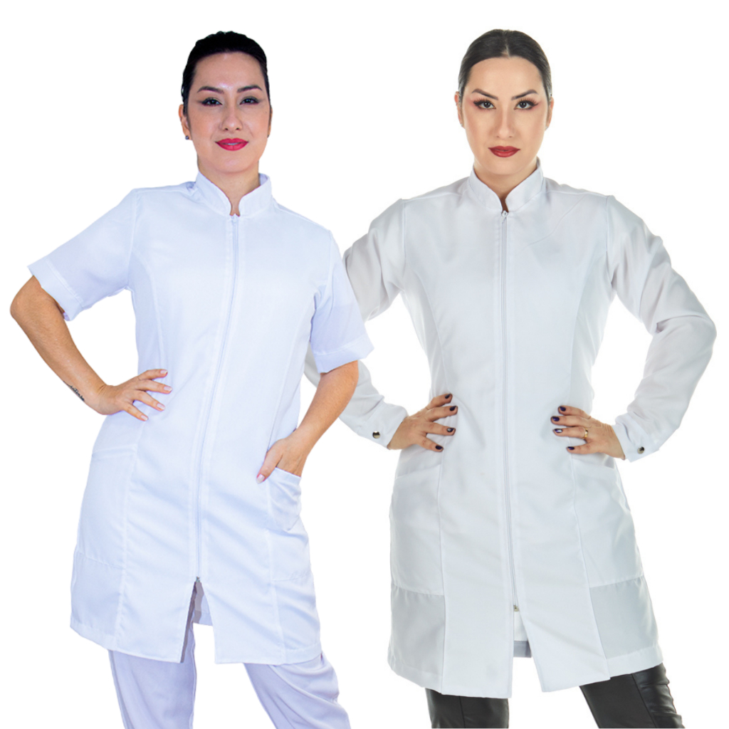 KIT 2 Jaleco Feminino Oxford Ziper Manga Curta Manga Longa Branco Acinturado Esteticista Nail Designer Manicure Estudante