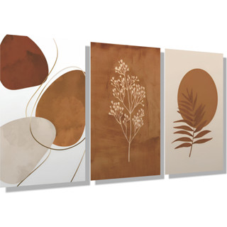 Trio de Quadros Bege Formas Boho Abstrato Ramos minimalista decoração sala quarto