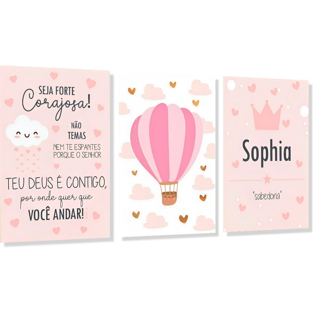 Kit Quadros Decorativos Infantil Seja Forte  rosa menina Nome Personalizado 3 peças