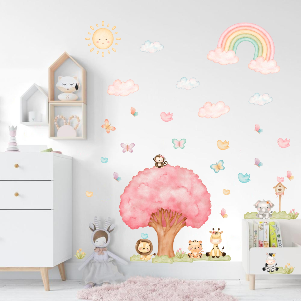 Adesivo de parede Infantil Safari Menina Árvore com Pássaros Borboletas Arco iris Papel de Parede