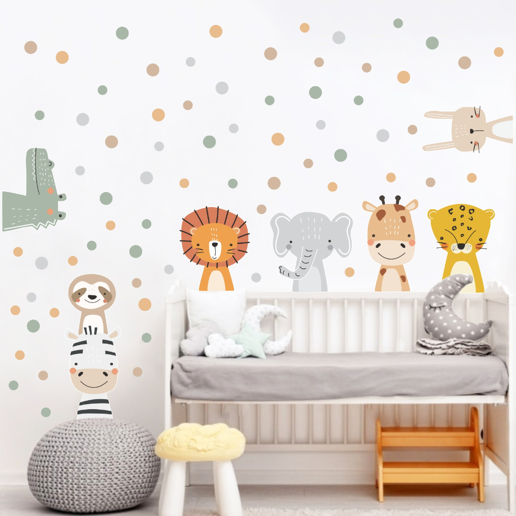 Adesivos de parede Infantil Bichinhos Safari Boho Escandinavo com bolinhas decoração Papel de Parede