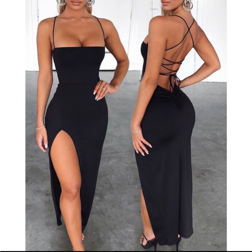 NOVO vestido colado LONGO SUPLEX com fenda costas nuas trançadas elegante empina bumbum