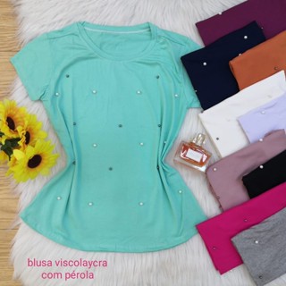 T-shirt Blusa Basica Lisa Feminino Com Perolas com elastano