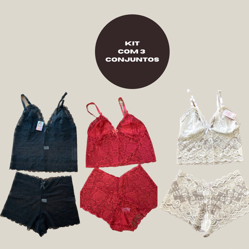 Kit 3 Lingeries Conjunto Caleçon Renda Calcinha Sutiã Cropped Espera Marido Promoção Atacado