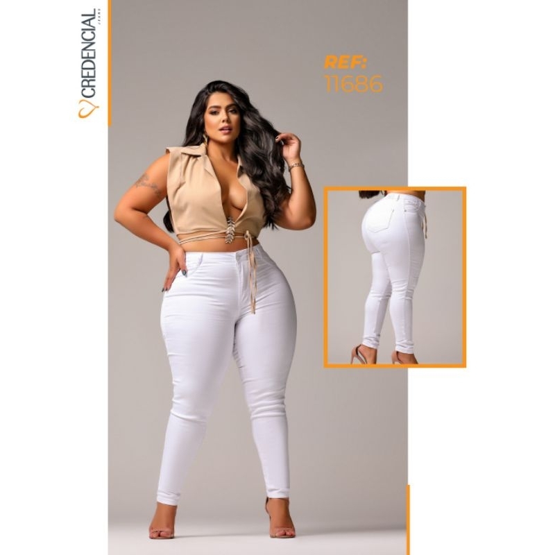 Calça Branca Plus Size Feminina Skinny Com Lycra (Elastano) Cintura Alta Tamanho Grande Empina Bumbum Moda Premium Alta