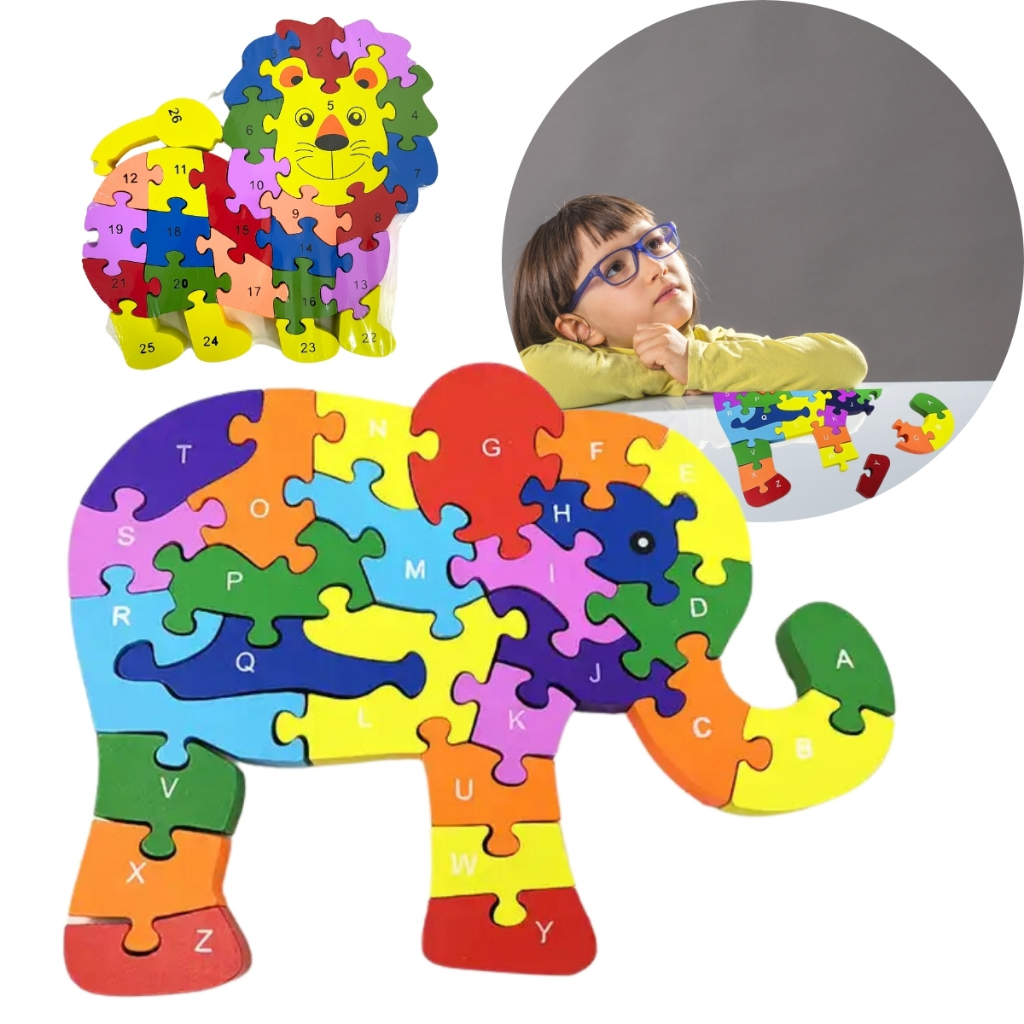 Quebra Cabeça Grande Madeira 26 Peças Infantil Números e Letras Educativo Quebra Cabeça Infantil Montessori Elefante