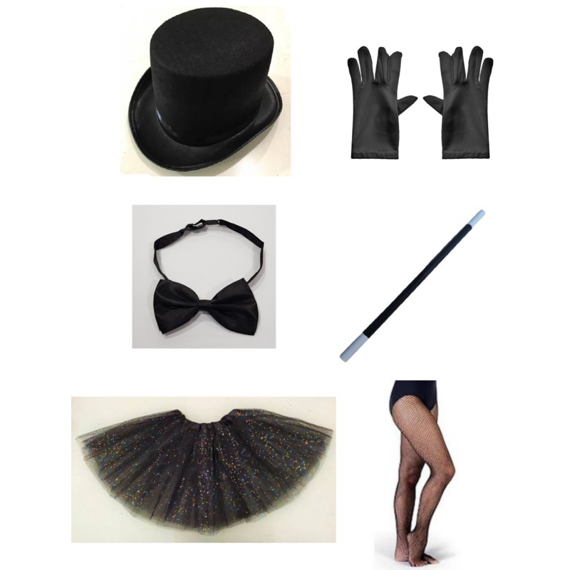 kit 6pçs ( cartola gravata saia luva varinha meia )fantasia mágico feminino festa cosplay adulto