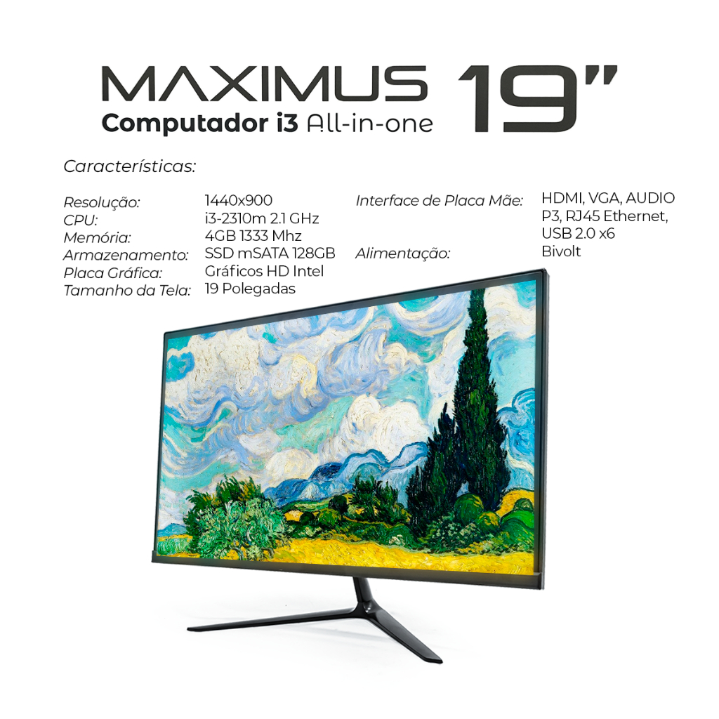 Computador ALL IN ONE 19 Polegadas 1440x900 i3-2310m 2.1GHz SSD mSATA 128GB DDR3 4GB Placa Gráfica Gráficos HD Intel
