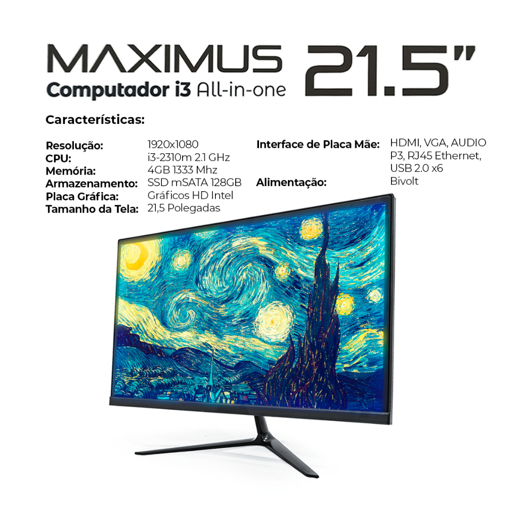 Computador All-in-One 21,5" Full HD1920x1080 PC i3-2310m 2.1GHz SSD-128GB RAM-4GB Gráficos HD Intel