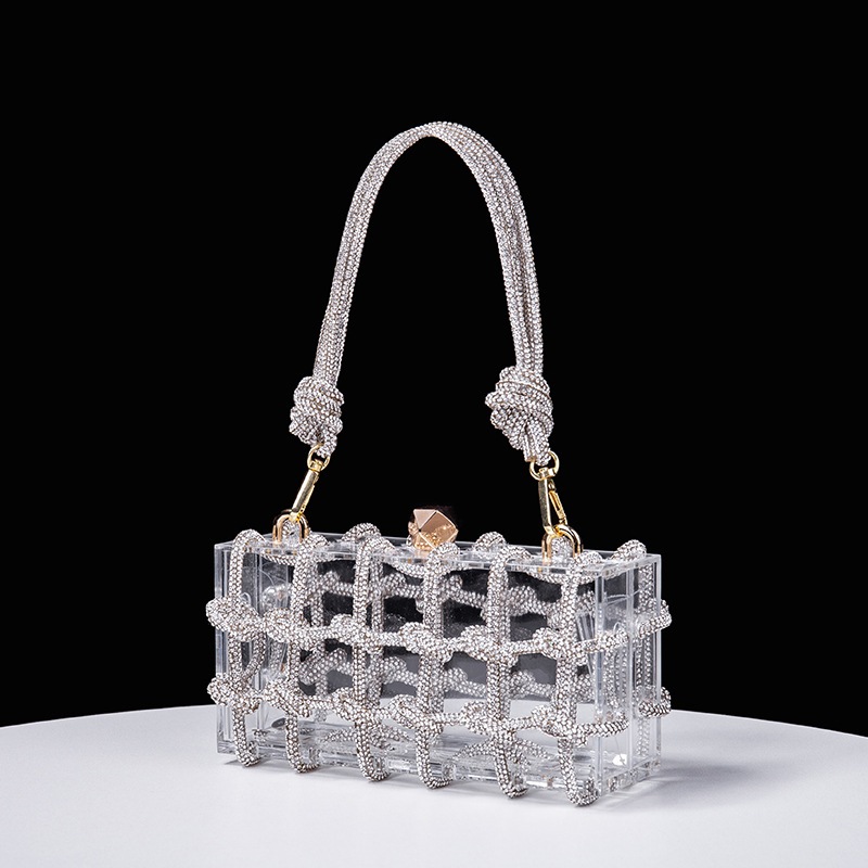 Bolsa Feminina de Festa Clutch Caixa Baú Transparente de Acrílico Com Alça Transversal de Corrente