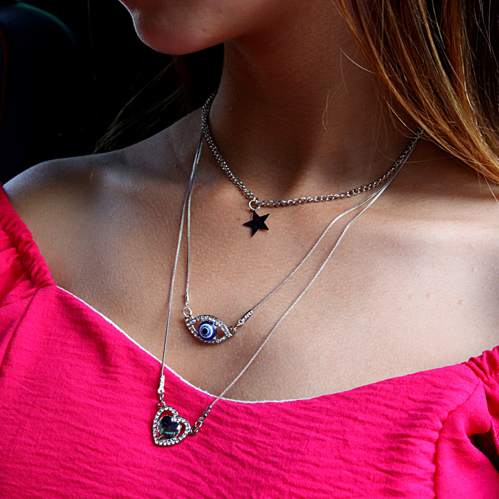 Trio Colar Feminino Com Pingente Olho Grego Prata e Dourado