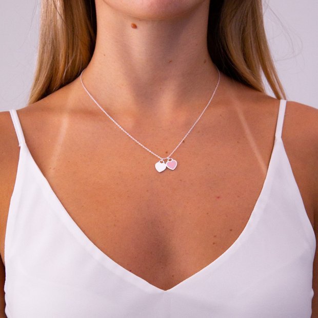 Colar de Prata 925 legítima com pingente duplo coração double heart rosa tiffany