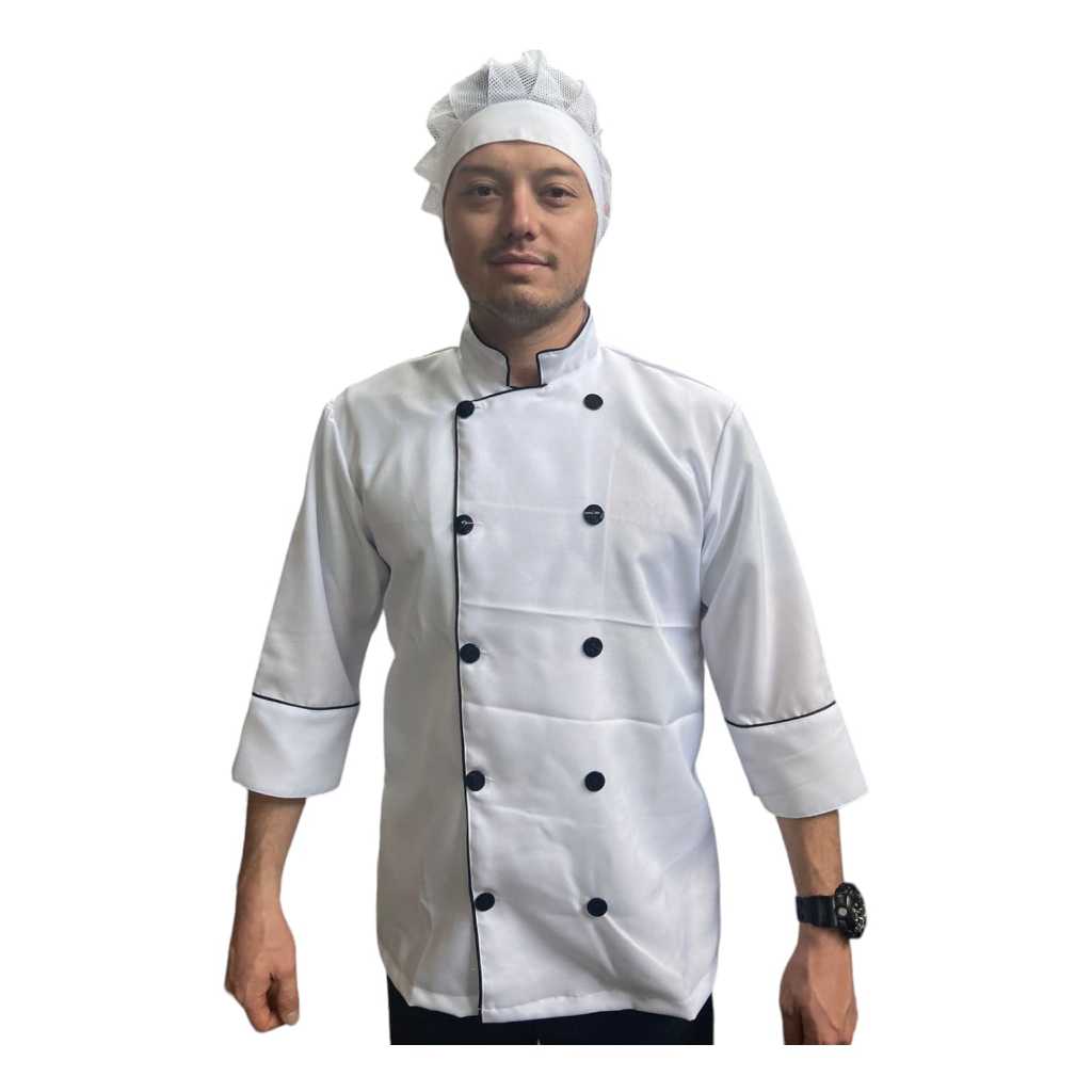 DOLMA BRANCA COM FRISO E BOTÃO PRETO G UNISSEX CHEF JALECO COZINHA