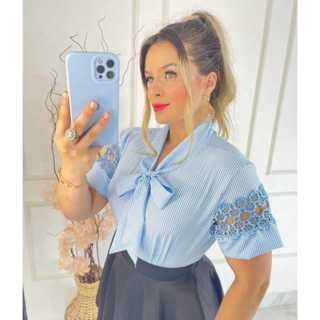 Blusa elegante listrada gravatinha gripir nas mangas evangélica ZD