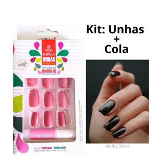 Unha Postiça com Cola Impala Coloridas e Decoradas Curtas 12 unhas + cola 2g