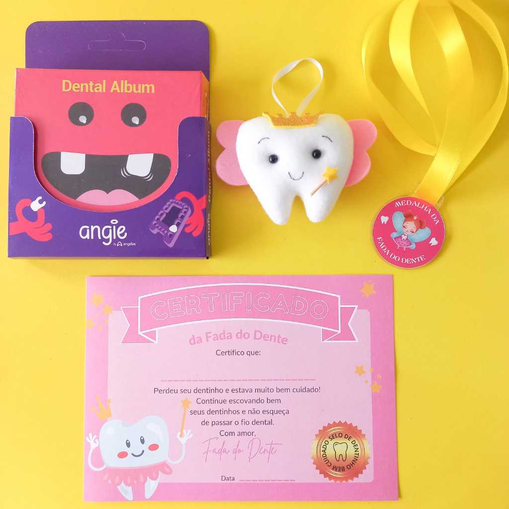 Albúm Caixinha Porta Dente De Leite Grande Angie + Porta Moeda + Certificado + Medalha Fada do Dente