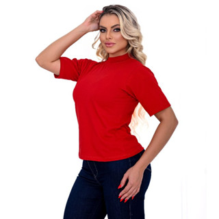Blusa Feminina Gola Alta Zara Basic Vermelha T-shirt Camiseta 100% Algodão Blusinha Básica Lisa Gola Ribana