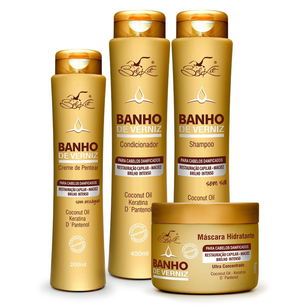 Kit c/ 4 itens Hidratação Banho de Verniz Belkit -  (Shampoo, Condicionador, Máscara e Creme de pentear) em Oferta na Shopee
