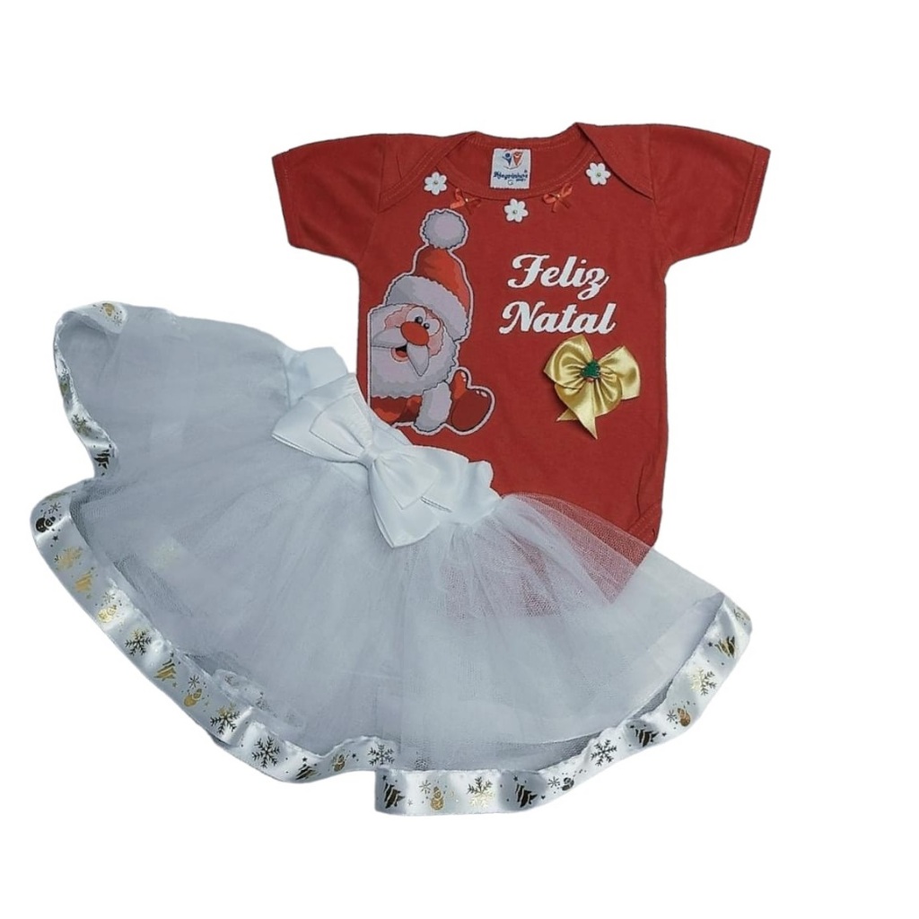 Conjunto Tutu Papai Noel Bebê Menina Mesversário Infantil Body Feliz Natal e Saia
