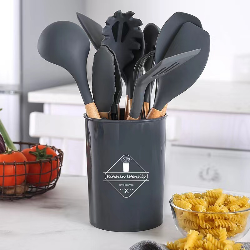 KIT de Utensílios Para Cozinha em Silicone e Bambu 12 Peças