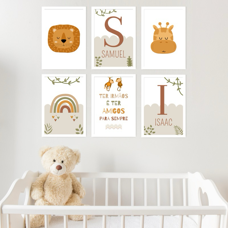 Kit 6 Quadros Decorativos 20x30cm Infantil Personalizado Nome Bebê Para Quarto Ou Porta Maternidade Irmãos Safari