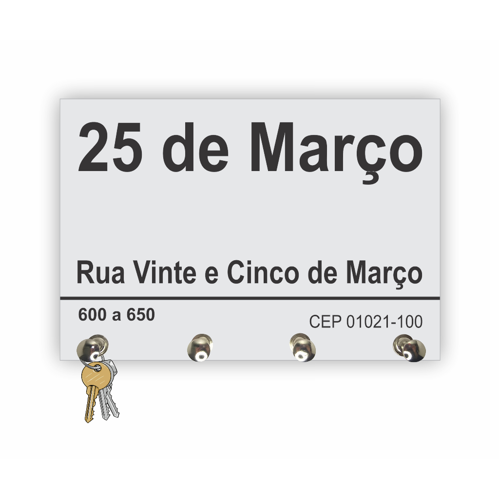 Porta Chaves de Parede Placa Rua 25 de Março Suporte de Chaves Organizador de Chaves em MDF
