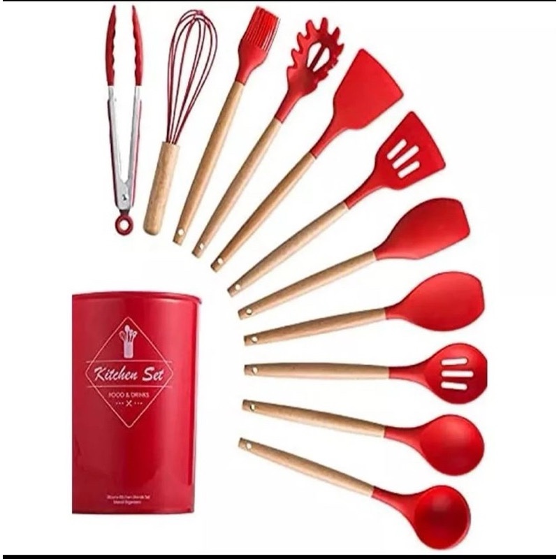 Jogo de Cozinha Kit C/12 Peças de Silicone, Utensílios e Copo Suporte para Cozinha Cabo de Madeira ALEX