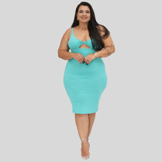 Vestido Midi Plus Size Canelado Decotado Alça Fina Felipa