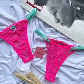 Promoção Calcinha Tanga em Renda Neon Colorida Bicolor Sexy Tirinha com Regulagem