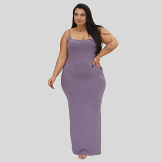 Vestido Longo Canelado Alça e Fenda Lateral Plus Flora