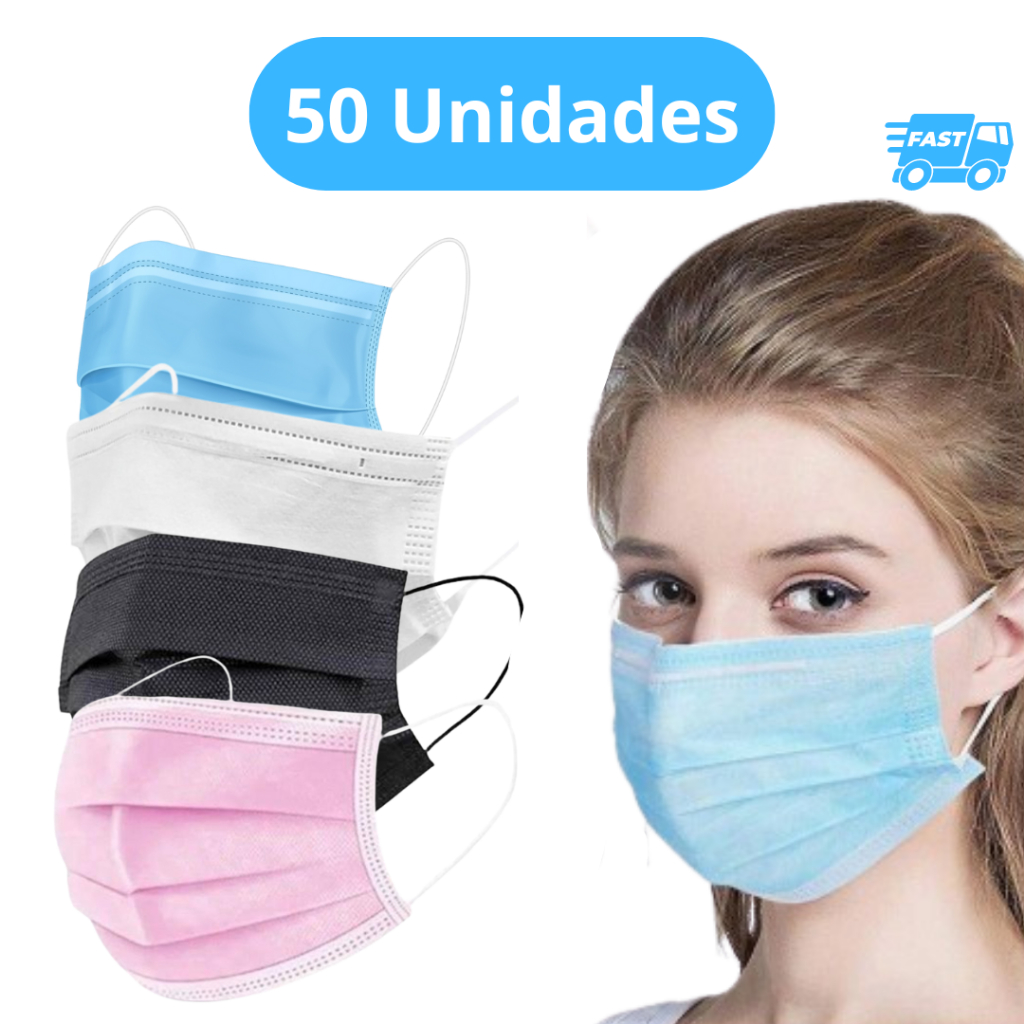 Máscara Descartável Tripla Proteção c/ Filtro, Clipe Nasal e Elástico 50 uni em Oferta na Shopee