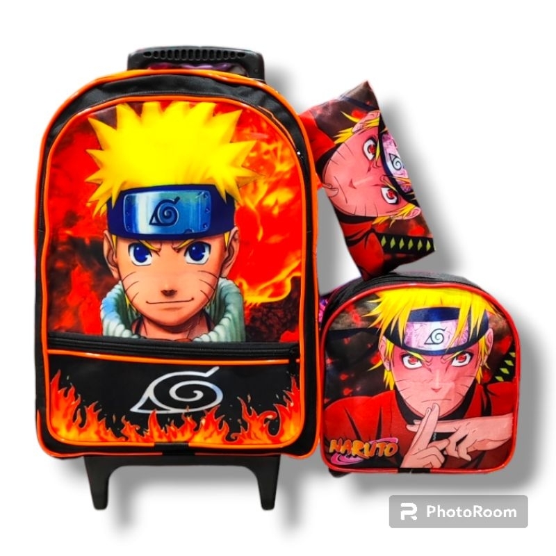 Kit Mochila Infantil Escolar com rodinhas de silicone do menino Naruto + lancheira + estojo em Oferta na Shopee