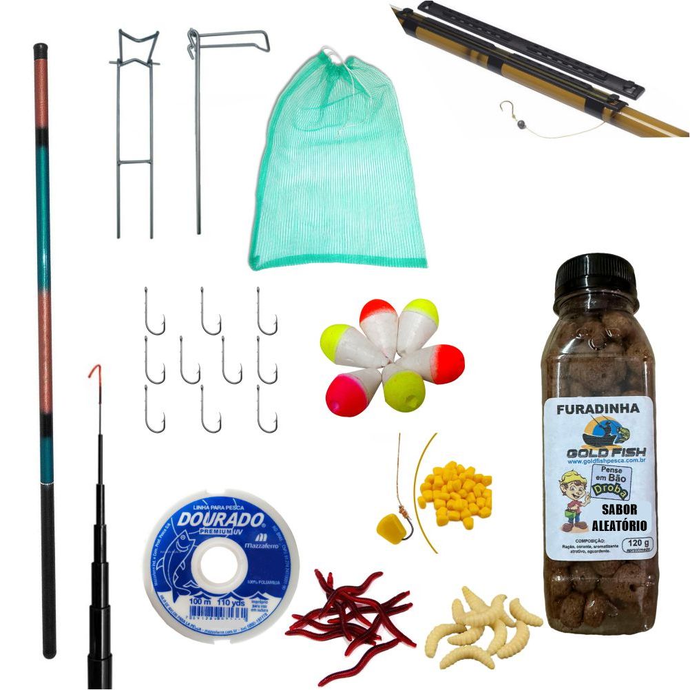 KIT VARA TELESCOPICA 2,10M + LINHA + ANZOL + BOIA + ISCAS ARTIFICIAIS + FURADINHA em Oferta na Shopee