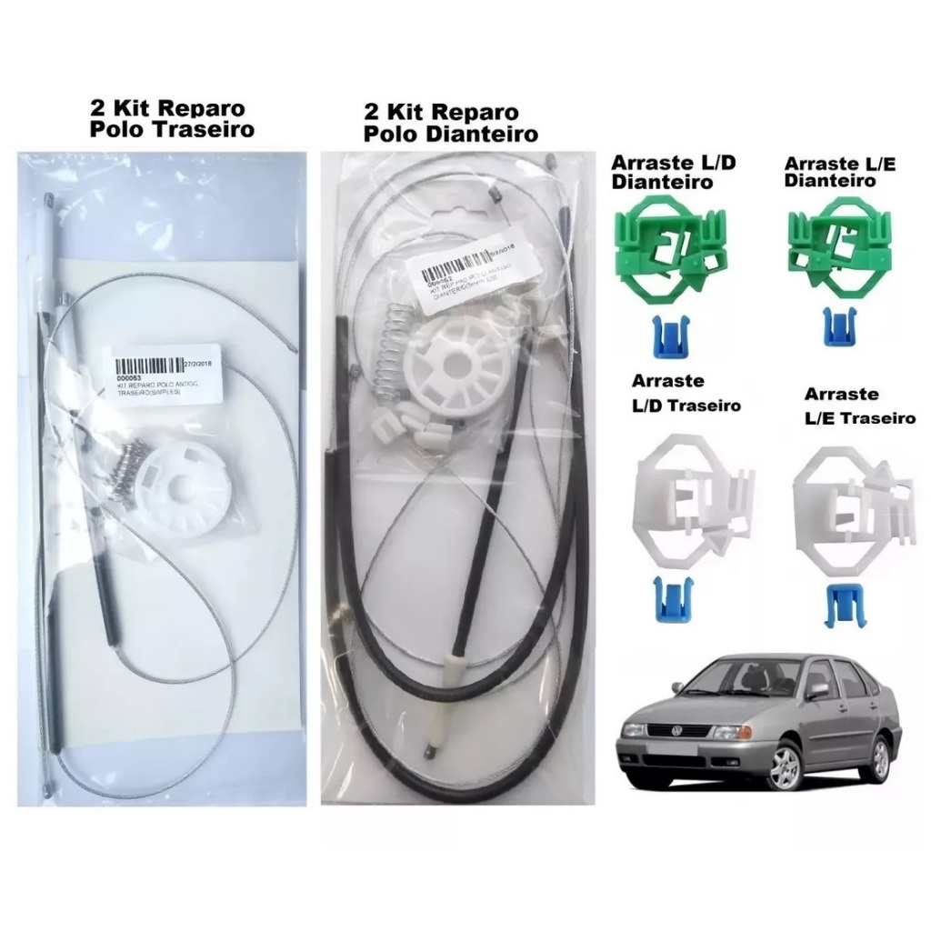 4 Kit Reparo Maquina Vidro Elétrico Polo Antigo Tras + Diant