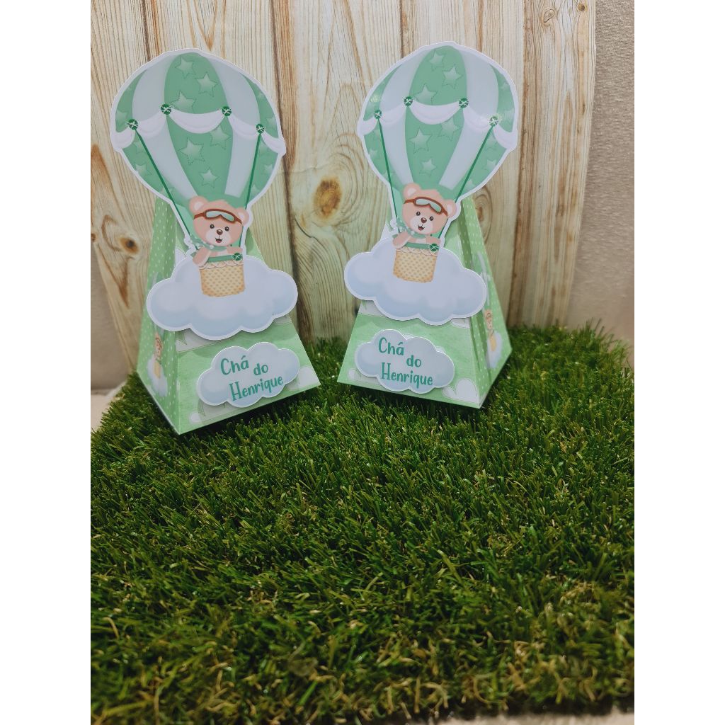 Lembrancinhas para Festa - Aniversário-  Personalizados - Kit Festa - Caixa Pirâmide - Urso Baloeiro Verde - 10 unidades
