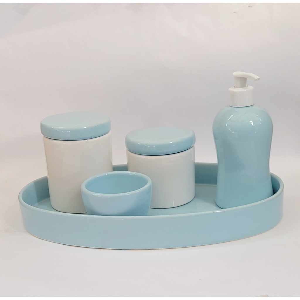 Kit Higiene Bebe Porcelana Azul Bebe e Branco Band Oval Azul 05 Pçs