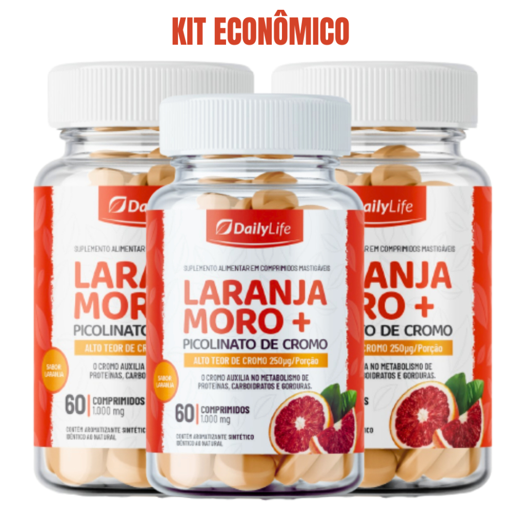 Laranja Moro Com Picolinato De Cromo Daily Mastigável Sabor Laranja Kit Econômico 3 Potes Antioxidante Mais Saúde