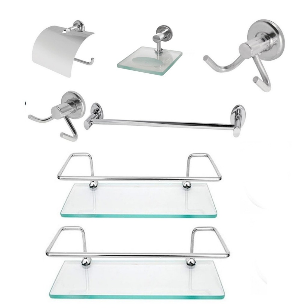 2 Porta Shampo Reto + Kit de Acessórios para Banheiro Saboneteira Quadrada de Vidro