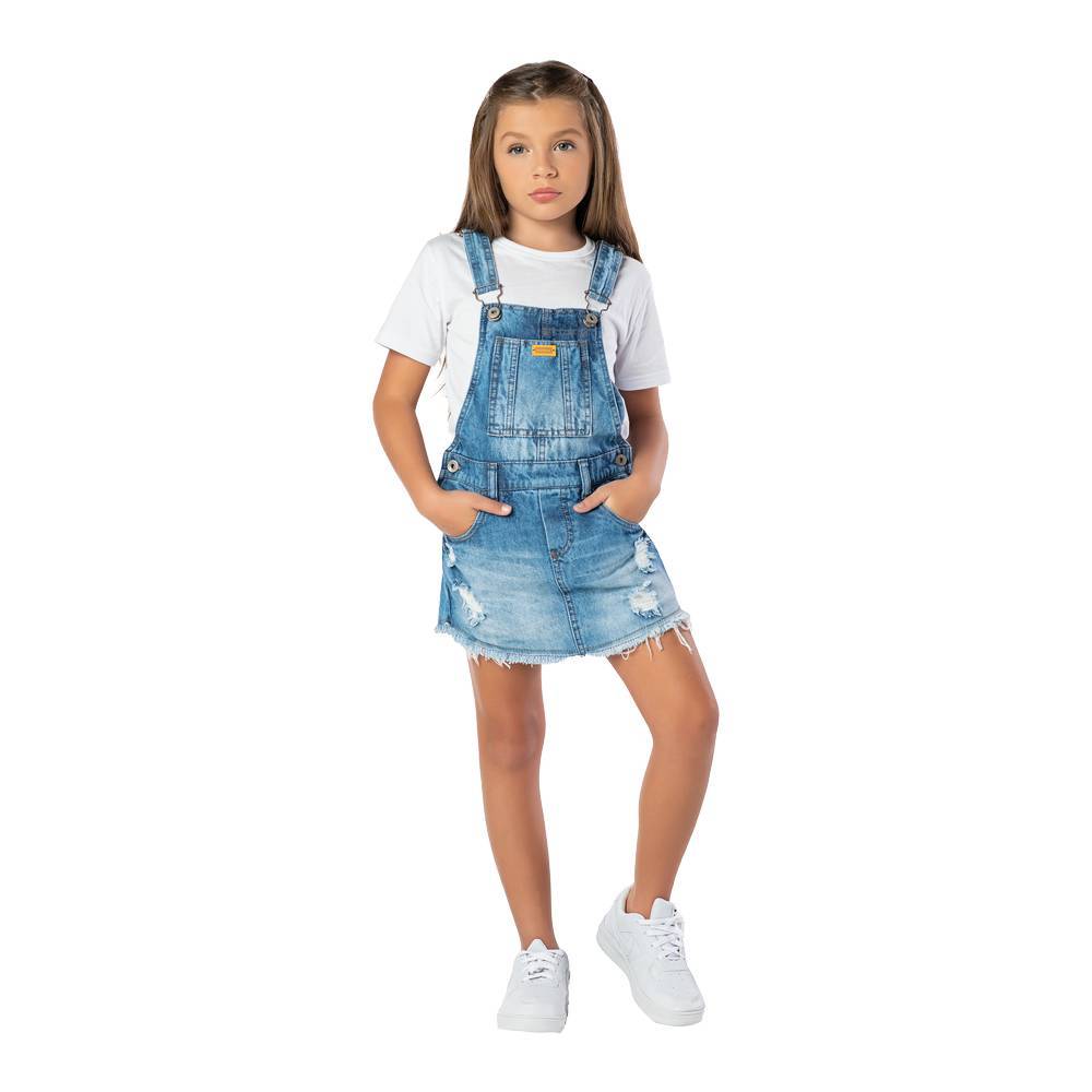 Jardineira Macacão Jeans Menina Infantil Juvenil Short ou Short Saia