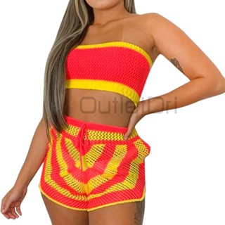 Top e Short de Crochê / Top Com Bojo / Conjunto Tricot Modal / Top Com Faixa / Moda Praia / Verão / Saída de Praia / Tendência / Envio Já