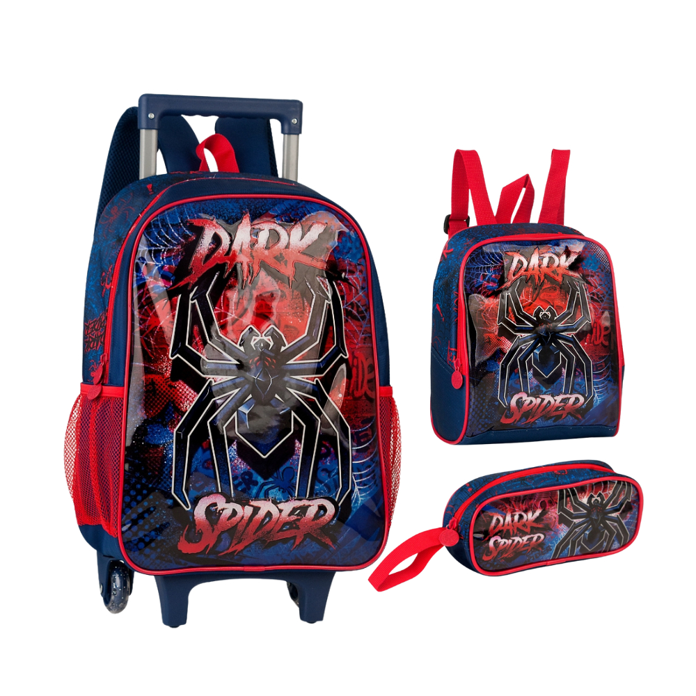 Kit Mochila Infantil de Rodinhas + Lancheira + Estojo - Dark Spider Homem Aranha Menino