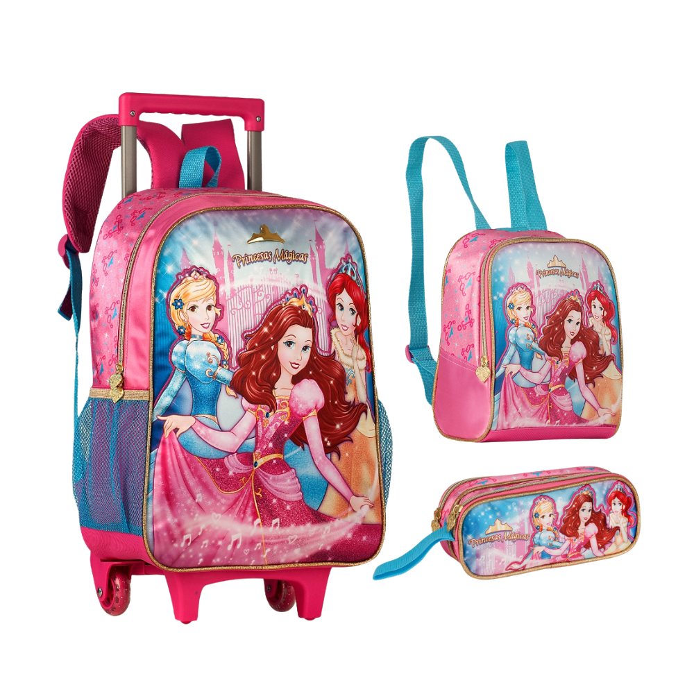 Kit Mochila Infantil de Rodinhas Princesas + Lancheira + Estojo - CLIO