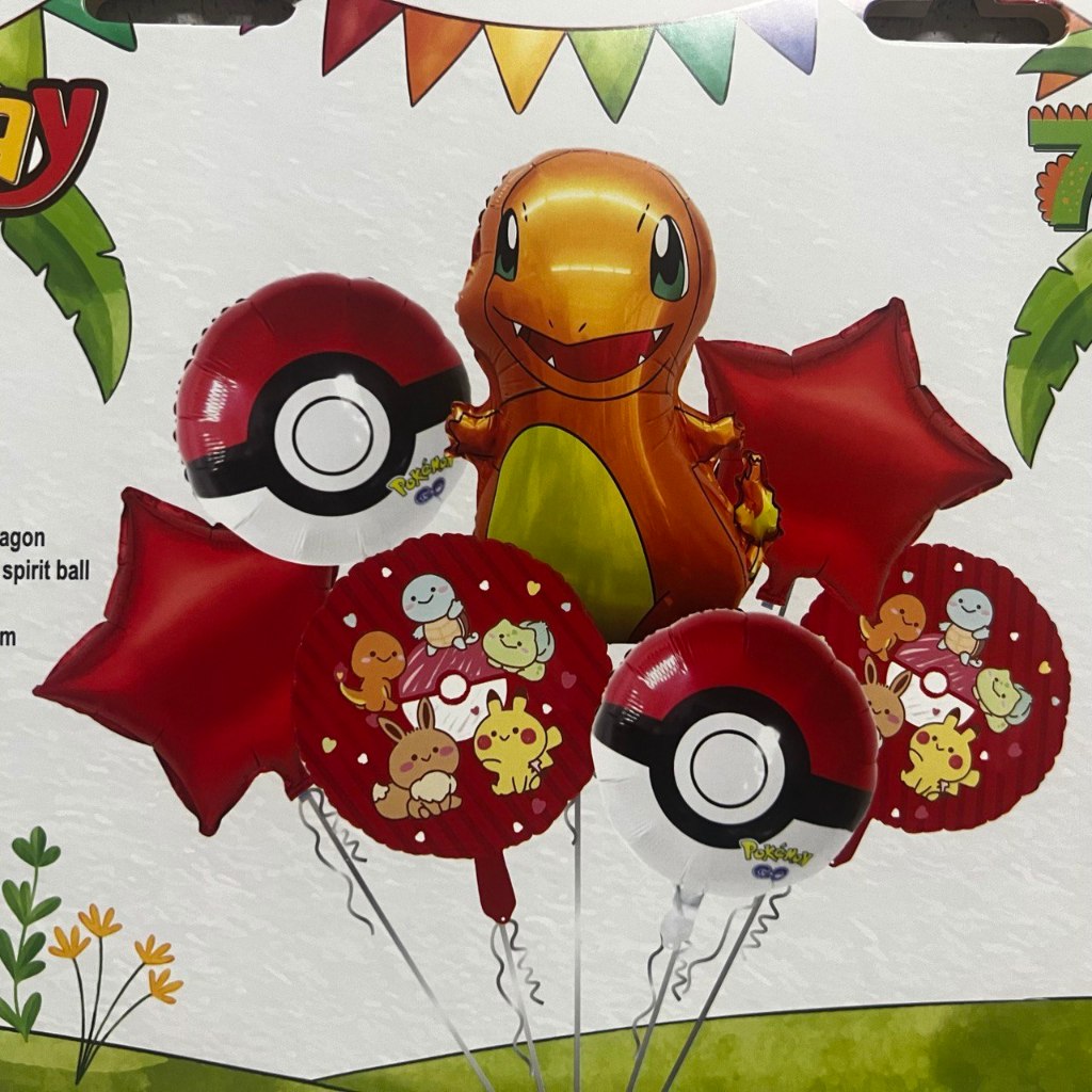 Kit c/ 7 Balão Metalizado Turma Pokémon Charmander Pokebola